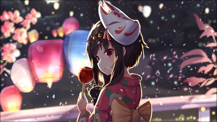 Megumin in Yukata with Lanterns and Fox Mask