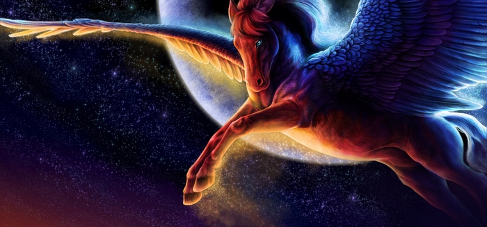 Fantasy Pegasus Flying in Space with Moon