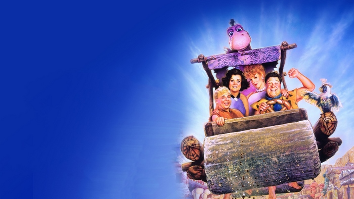 The Flintstones characters in a stone car
