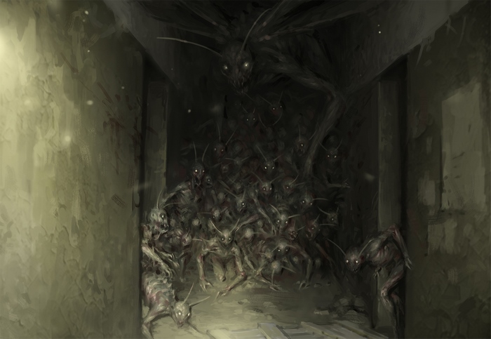 A horde of dark creatures in a dark corridor