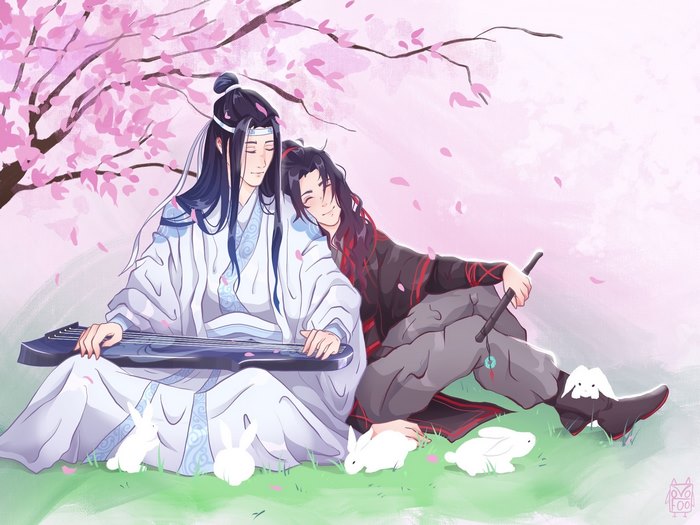 Wei Wuxian and Lan Wangji from Mo Dao Zu Shi under cherry blossoms