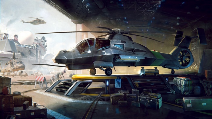Sci-fi helicopter in a hangar with other aircraft