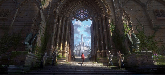 Fantasy castle entrance with warrior