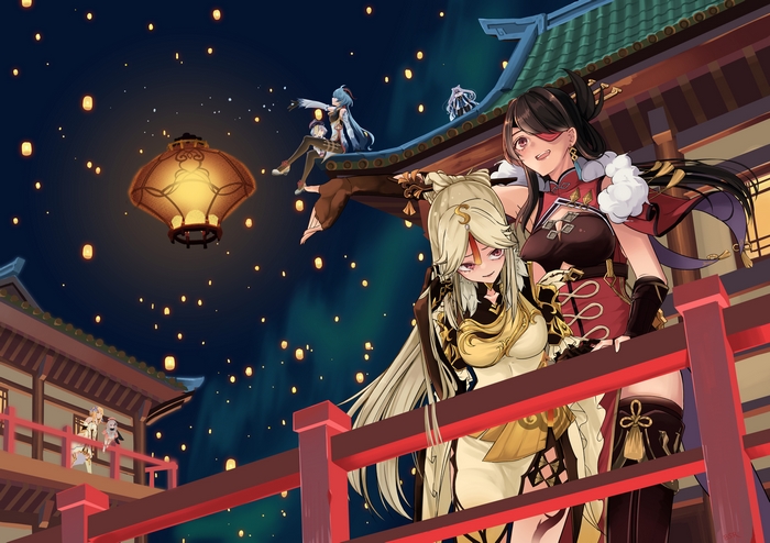 Ningguang and Beidou from Genshin Impact with lanterns