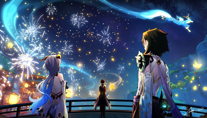 Ganyu, Xiao and Zhongli from Genshin Impact watching fireworks