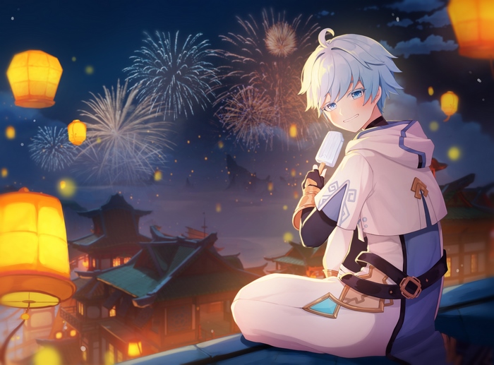 Chongyun from Genshin Impact eating ice cream during fireworks