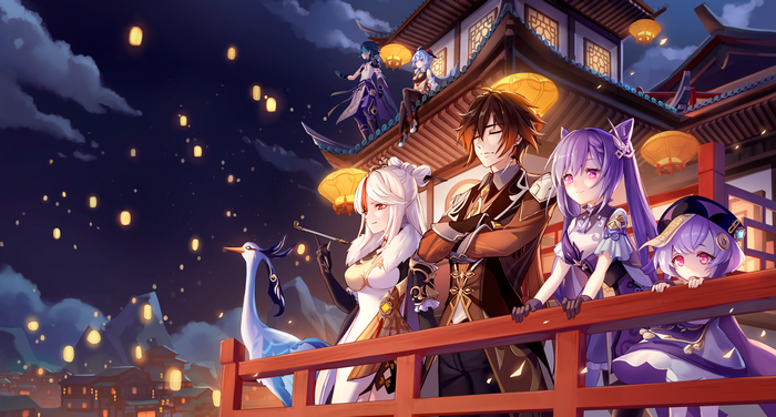 Genshin Impact Characters in Night Lantern Scene 4K