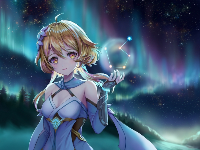 Lumine under Northern Lights in Genshin Impact