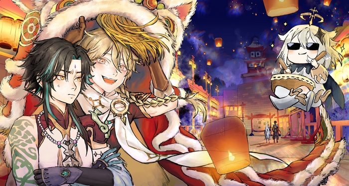 Xiao and Aether from Genshin Impact at a Lantern Festival