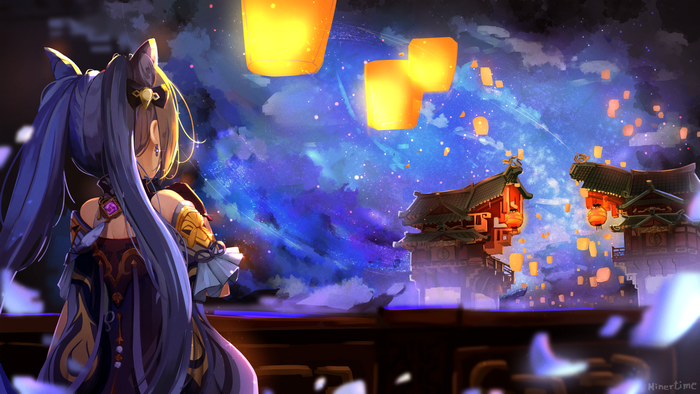 Keqing from Genshin Impact watching lanterns
