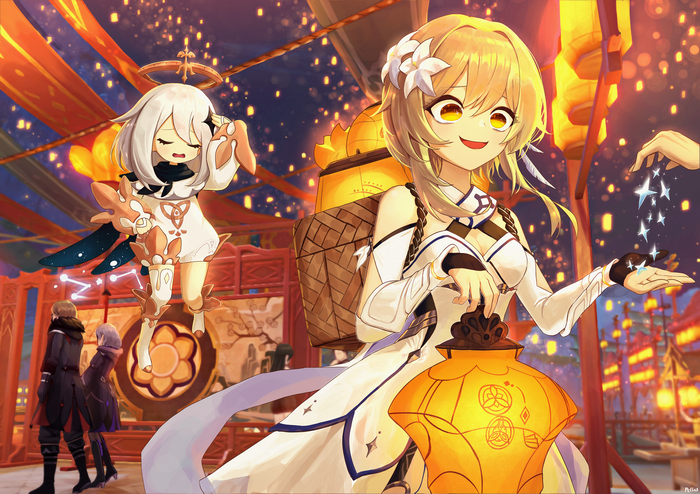 Lumine and Paimon from Genshin Impact at a festival