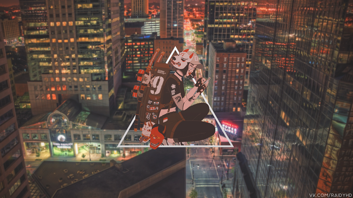 Anime girl with fox mask and backpack in city