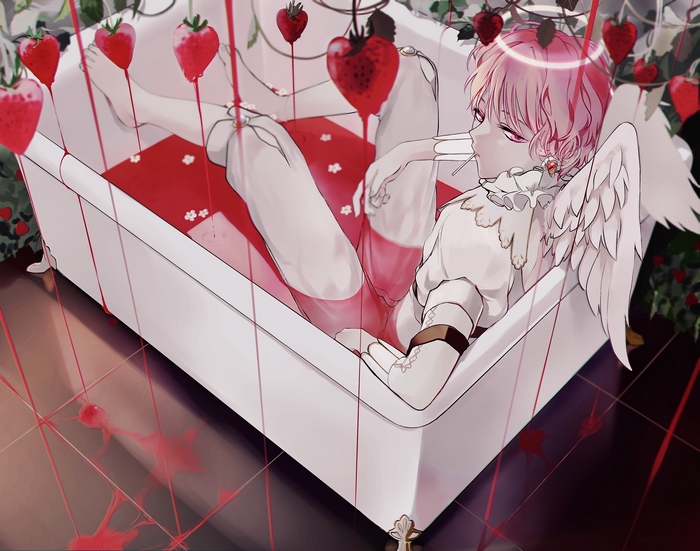 Anime boy with pink hair and wings in a bathtub