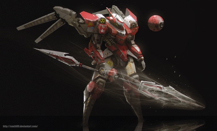 Red and white sci-fi mech with spear and drone