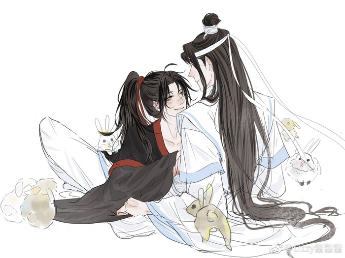 Lan Zhan and Wei Ying from Mo Dao Zu Shi with rabbits