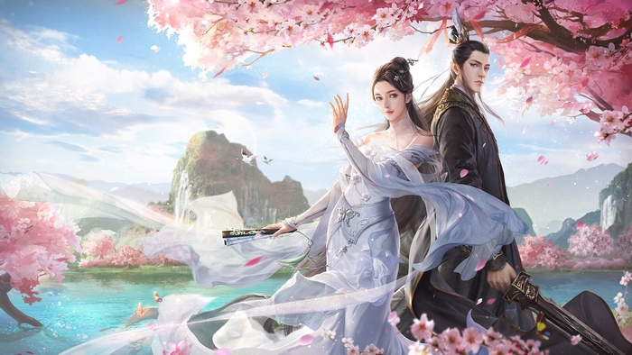 Fantasy Warrior Couple Under Cherry Blossoms