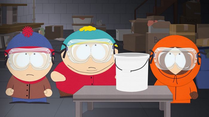 Stan, Cartman, and Kenny from South Park in a storage room