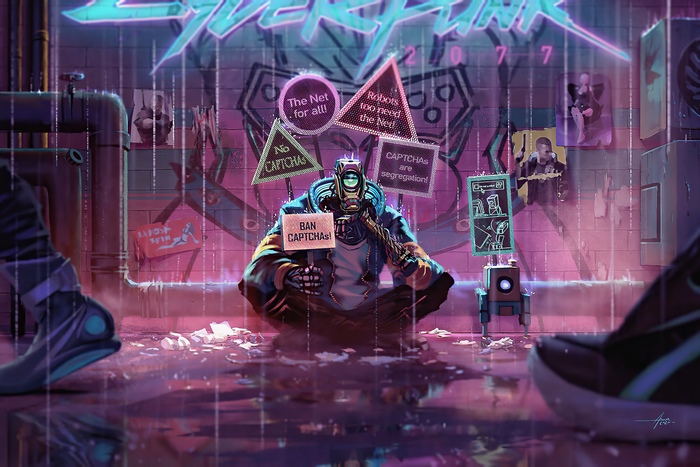 Sci Fi Robot with Protest Signs in Cyberpunk City