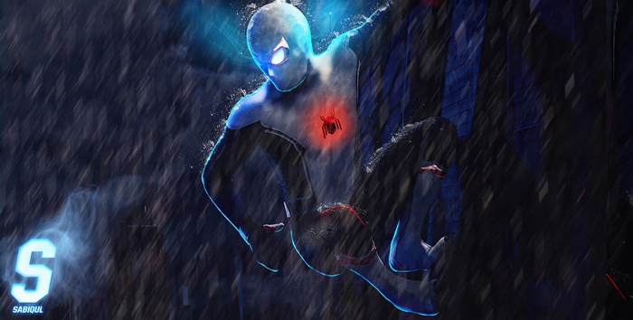 Spider-Man from Marvel Comics in the rain