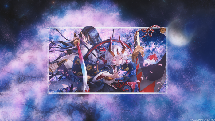 Two anime characters with swords in a starry sky