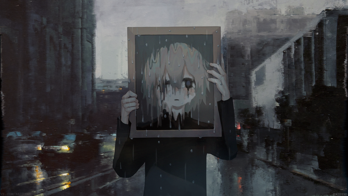 Anime girl holding a melting portrait in the rain