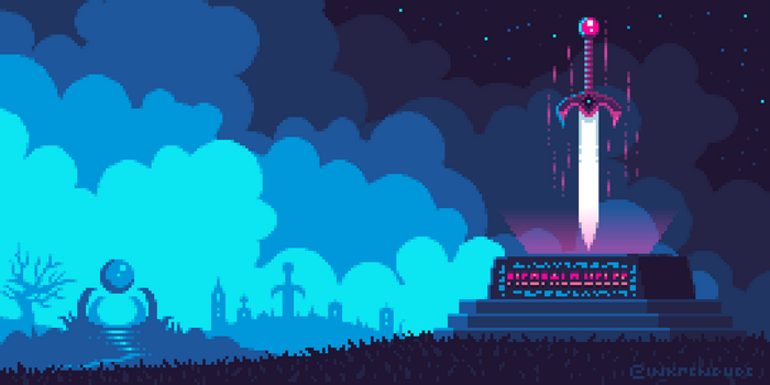 Pixel art sword on a pedestal at night