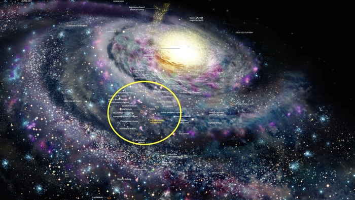 Sci Fi Galaxy with Labeled Nebulae and Star Systems