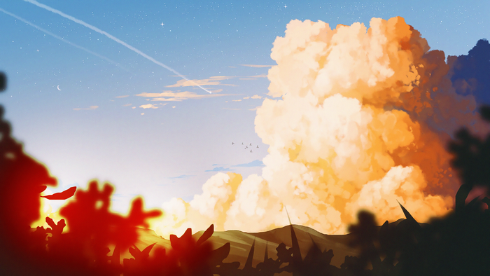 Orange clouds over hills at sunset with silhouette foreground