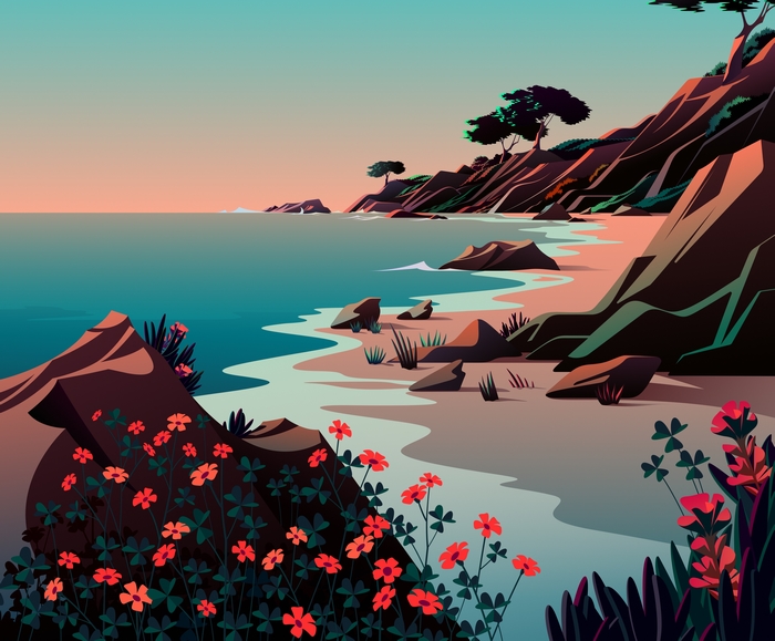 Minimalist Beach Coastline with Flowers 4K