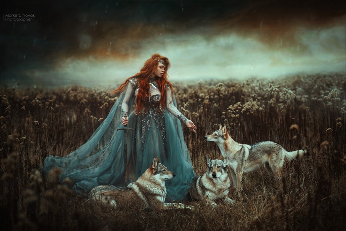 Woman with red hair and sword with Czechoslovakian Wolfdogs