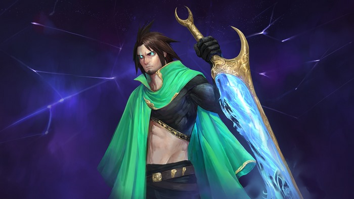 Man with green cape and glowing sword