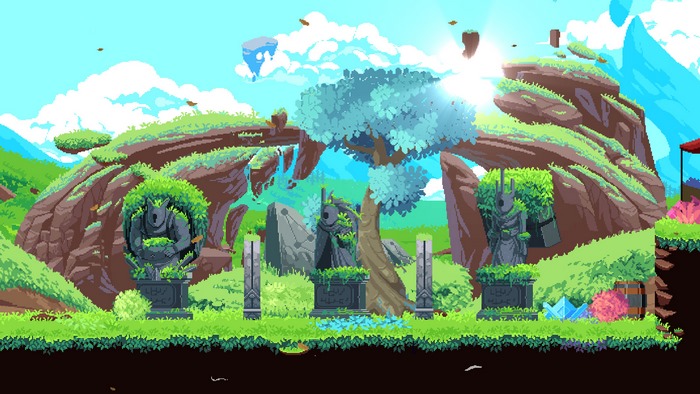 Astral Ascent pixel art landscape with ancient statues