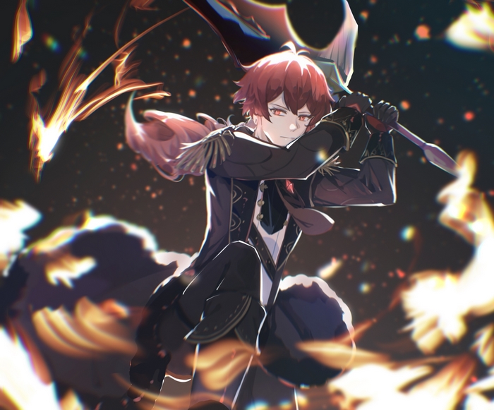 Diluc from Genshin Impact with red hair and eyes
