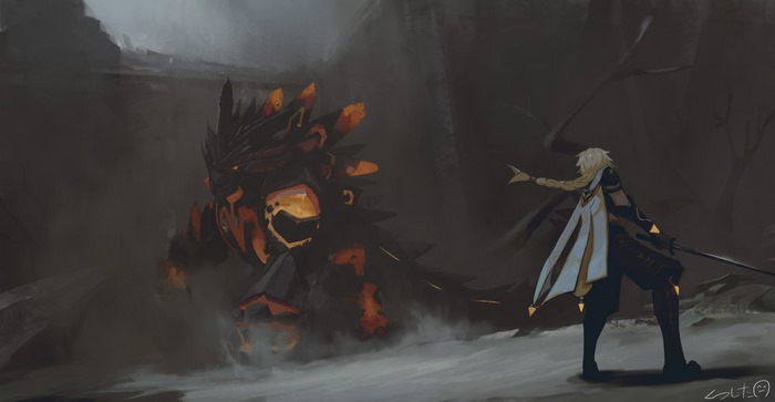 Aether from Genshin Impact fighting a fiery beast