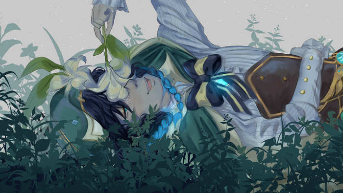 Venti from Genshin Impact lying in grass with lilies