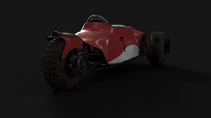 Red and white racing buggy with number 7