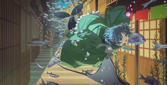 Wakasagihime from Touhou surrounded by fish