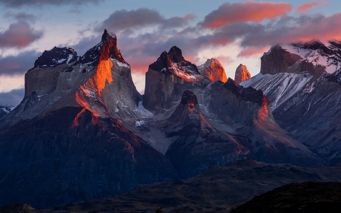 Torres del Paine National Park mountains at sunrise