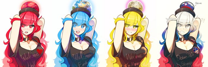 Four anime girls representing planets and countries