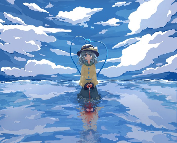 Koishi Komeiji from Touhou fishing in a reflective body of water