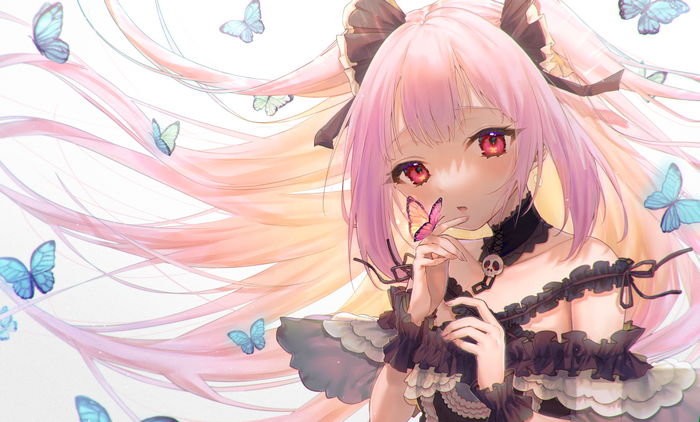 Uruha Rushia from Hololive with pink hair and butterflies