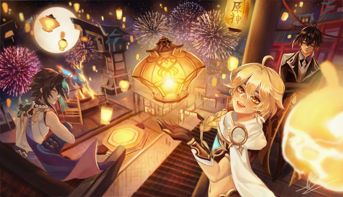 Xiao, Aether, and Zhongli from Genshin Impact at a Lantern Festival