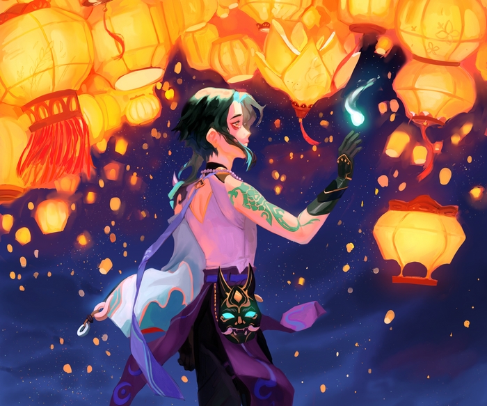Xiao from Genshin Impact with lanterns
