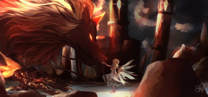 Lumine from Genshin Impact and a dragon