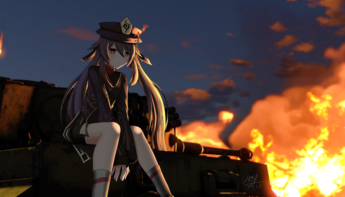 Hu Tao from Genshin Impact on a burning tank