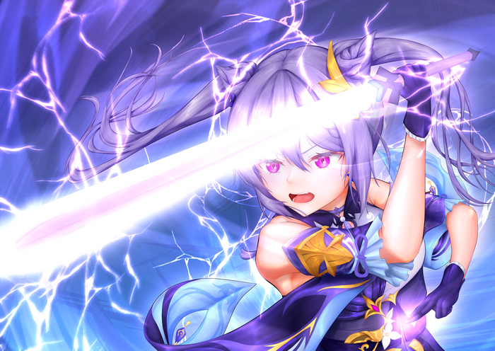Keqing from Genshin Impact wielding a lightning sword