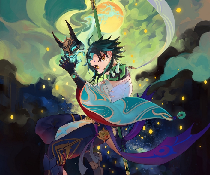 Xiao from Genshin Impact holding a mask
