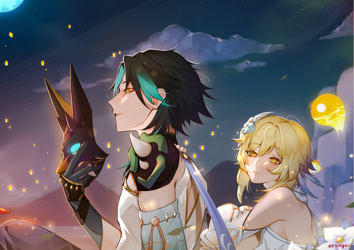 Lumine and Xiao from Genshin Impact at Night