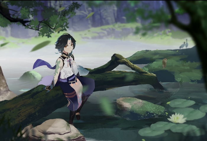 Xiao from Genshin Impact sitting on a log