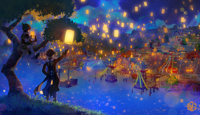 Zhongli and Venti Release Lanterns in Liyue